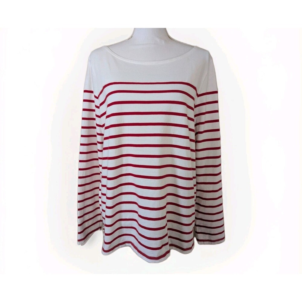 Talbots Bateau Neck Tee Womens XL White Red Stripe Long Sleeve Cotton Top